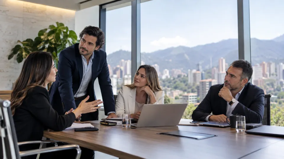 Equipo directivo analizando una estrategia empresarial en una sala de juntas.